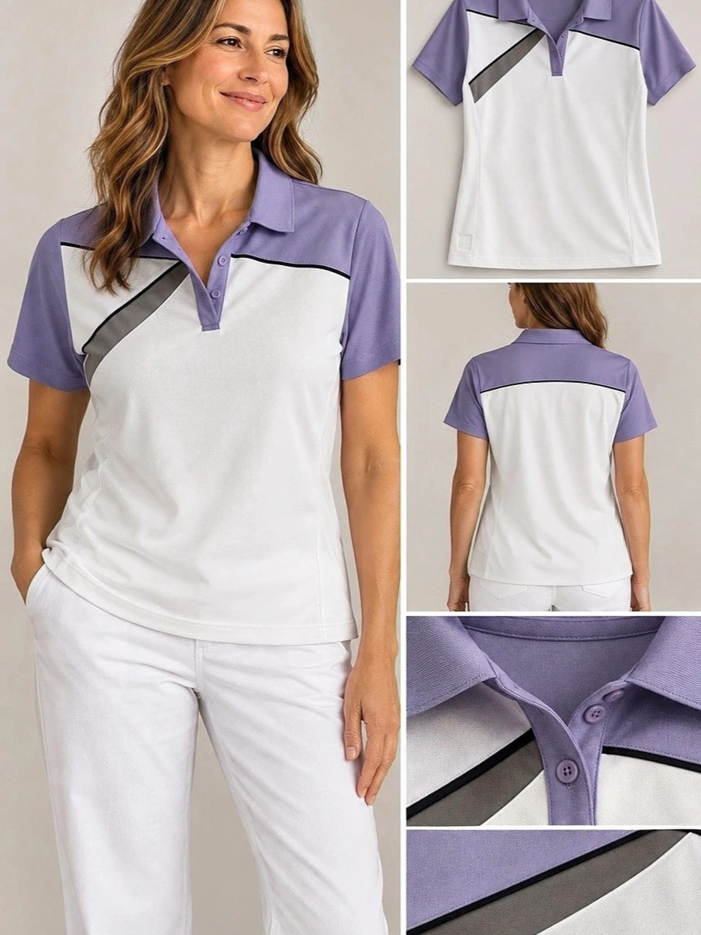 Kate Lord Performance Polo Color Block Polo in Purple & White Large